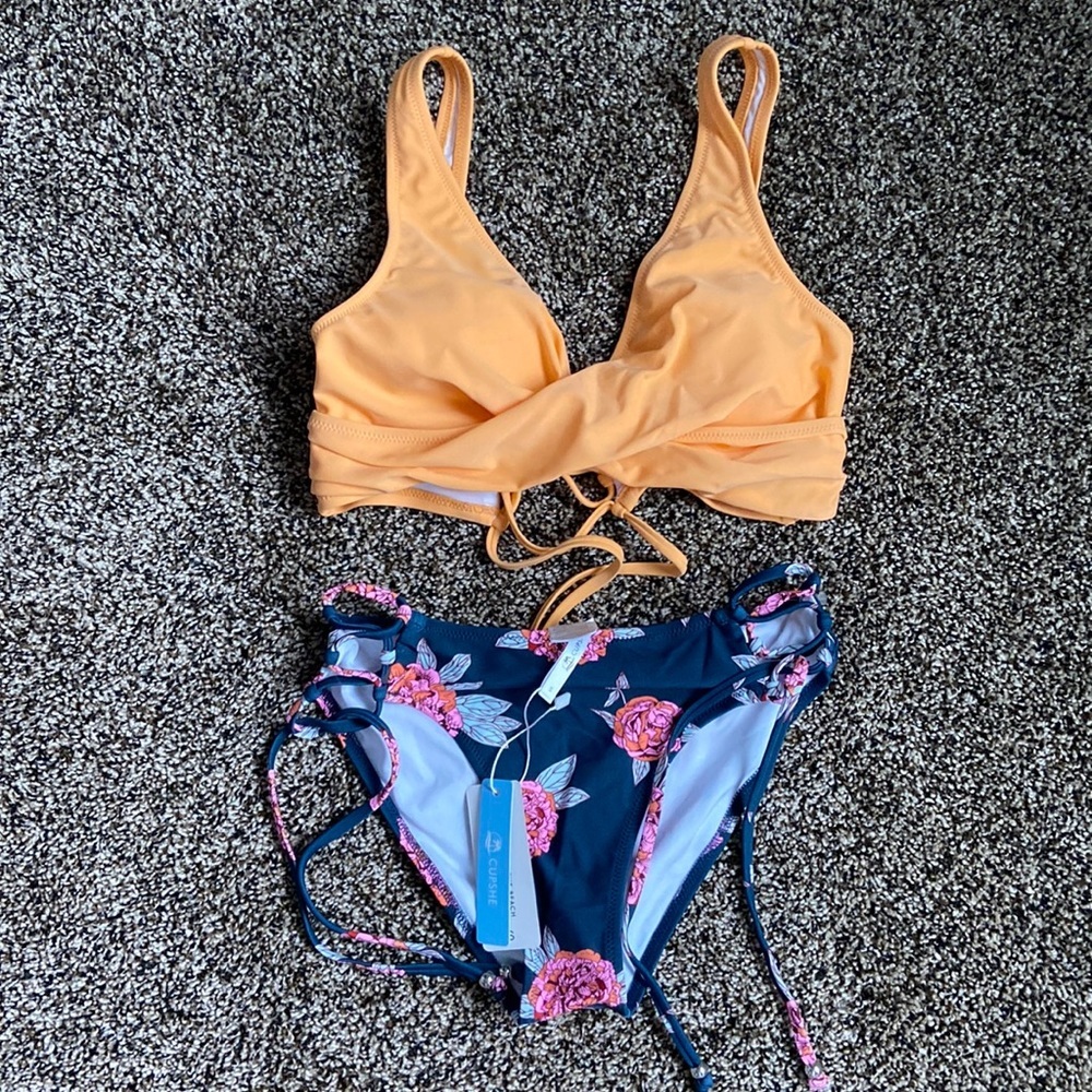 Cupshe Orange & Navy Floral Two-Piece Set, NWT